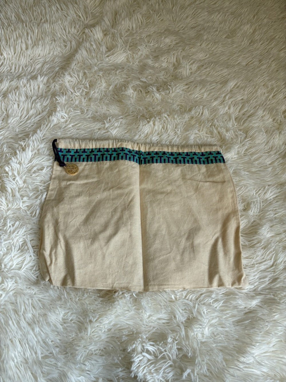 Tory Burch Cream Canvas Bag with Teal Trim and Gold Logo Charm